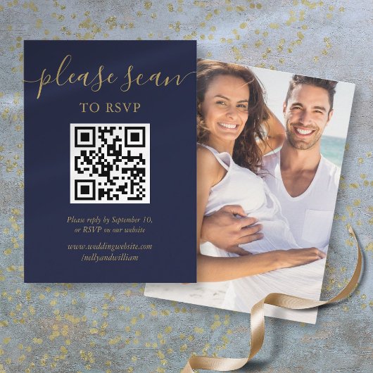 Navy Blue Gold Script Hochzeit RSVP QR Code Foto Begleitkarte