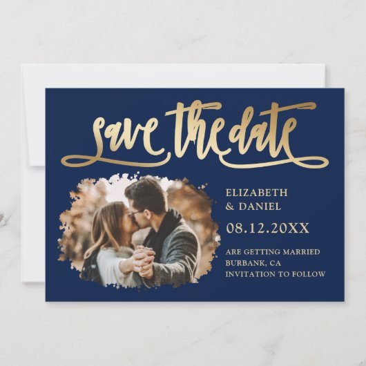 Navy Blue-Gold-Script-Hochzeitsskripte Save the Da Date (Vorderseite)