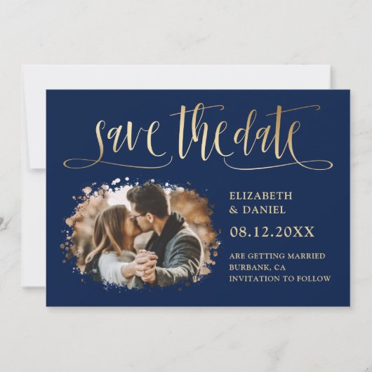 Navy Blue-Gold-Script-Hochzeitsskripte Save the Da Save The Date (Vorderseite)