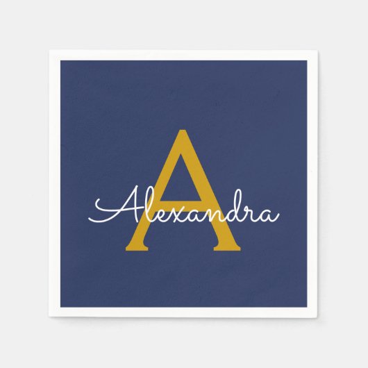 Navy Blue Gold Script Monogram Name Modern Serviette (Vorderseite)