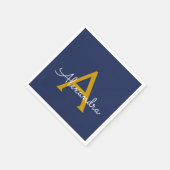 Navy Blue Gold Script Monogram Name Modern Serviette (Ecke)
