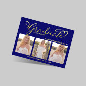 Navy Blue Gold Script Photo Collage Graduation Einladung