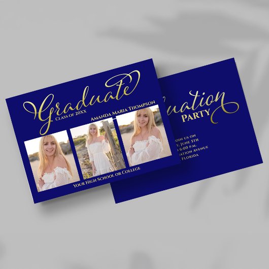 Navy Blue Gold Script Photo Collage Graduation Einladung