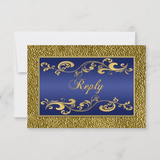 Navy Blue, Gold Scrolled Repcard RSVP Karte (Vorderseite)