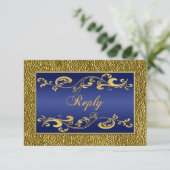 Navy Blue, Gold Scrolled Repcard RSVP Karte (Stehend Vorderseite)