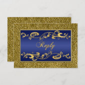 Navy Blue, Gold Scrolled Repcard RSVP Karte (Vorne/Hinten)