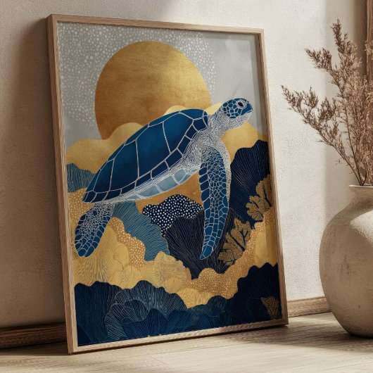 Navy Blue& Gold Sea Turtle Kintsugi Underwater Poster