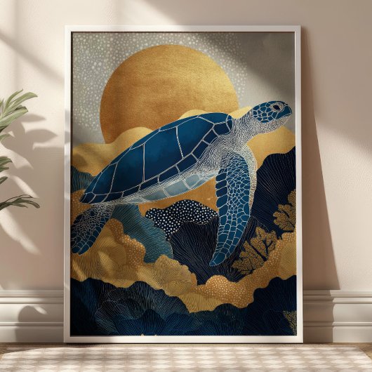 Navy Blue& Gold Sea Turtle Kintsugi Underwater Poster