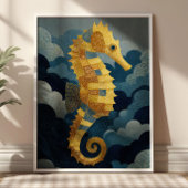 Navy Blue& Gold Seahorse Kintsugi Nautical Art Poster