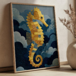 Navy Blue& Gold Seahorse Kintsugi Nautical Art Poster