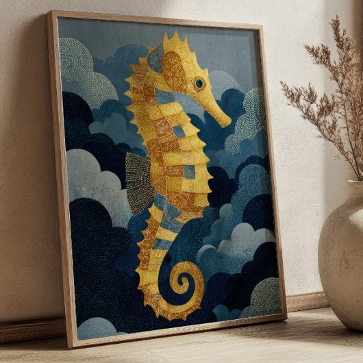 Navy Blue& Gold Seahorse Kintsugi Nautical Art Poster