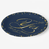 Navy Blue Gold Sie sagte Yes Engagement Party Pappteller (Schrägansicht)