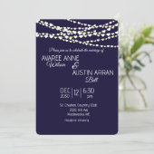 Navy Blue Gold Silver Heart String Lights Einladung (Stehend Vorderseite)