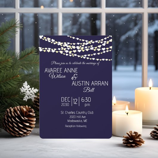 Navy Blue Gold Silver Heart String Lights Einladung