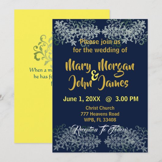 Navy Blue Gold Silver Yellow Wedding Einladung (Vorne/Hinten)