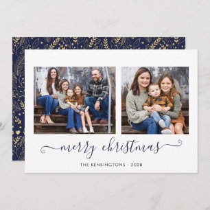 Navy Blue Gold Simple Script Frohe Weihnachts-Foto Feiertagskarte