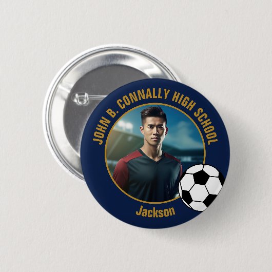 Navy Blue Gold Soccer Player Photo High School Button (Vorne & Hinten)