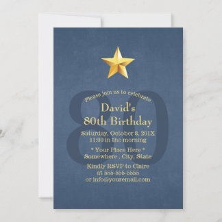 Navy Blue Gold Star 80. Geburtstagsparty Einladung