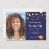 Navy Blue Gold Stars Foto Graduation Party Einladung (Vorderseite)