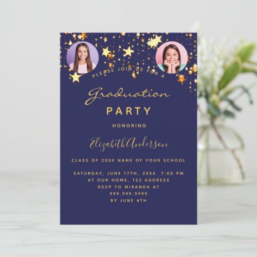 Navy Blue Gold Stars Foto Graduierungsparty Luxus Einladung (Stehend Vorderseite)
