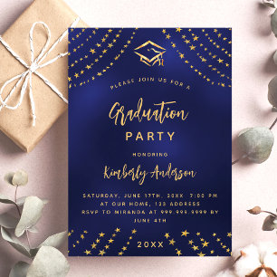 Navy Blue Gold Stars Graduierungsparty im modernen Einladung