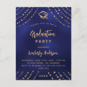 Navy Blue Gold Stars Graduierungsparty im modernen Einladungspostkarte (Vorderseite)