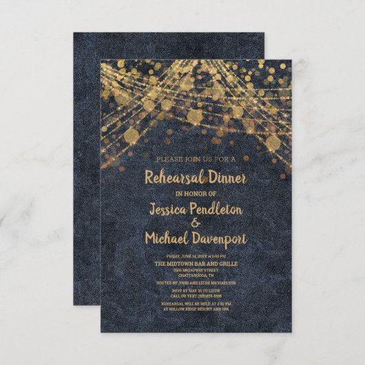 Navy Blue Gold String Lights Bokeh Probe Einladung (Vorne/Hinten)