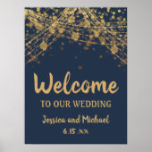 Navy Blue Gold String Lights Bokeh Wedding Willkom Poster (Vorne)