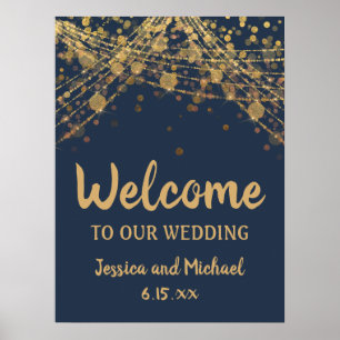 Navy Blue Gold String Lights Bokeh Wedding Willkom Poster