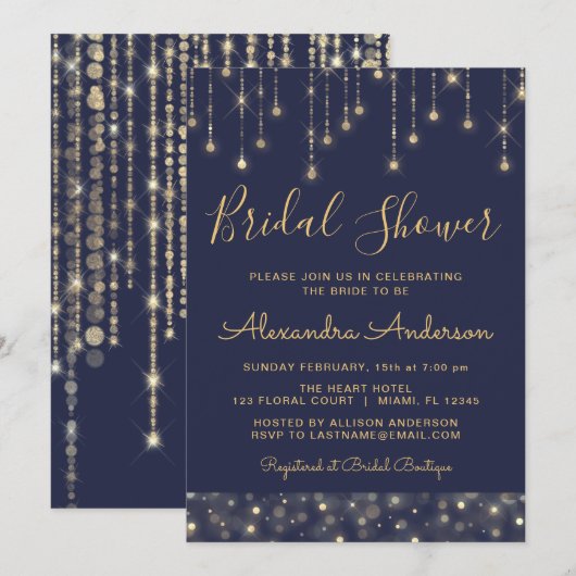 Navy Blue Gold String Lights Brautparty Einladung (Vorne/Hinten)