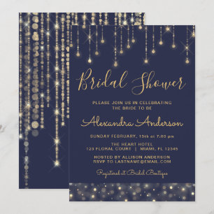 Navy Blue Gold String Lights Brautparty Einladung