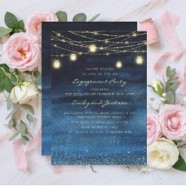 Navy Blue Gold String Lights Engagement Party Einladung