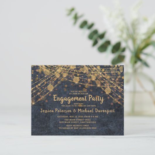 Navy Blue Gold String Lights Engagement Party Postkarte (Stehend Vorderseite)