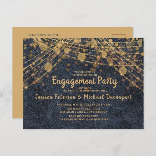 Navy Blue Gold String Lights Engagement Party Postkarte (Vorne/Hinten)