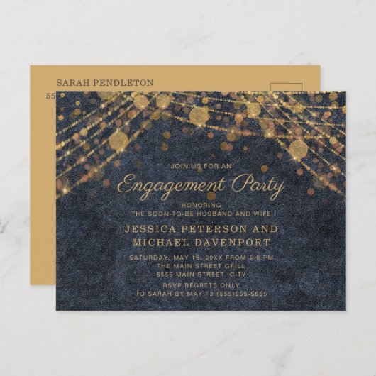 Navy Blue Gold String Lights Engagement Party Postkarte (Vorne/Hinten)