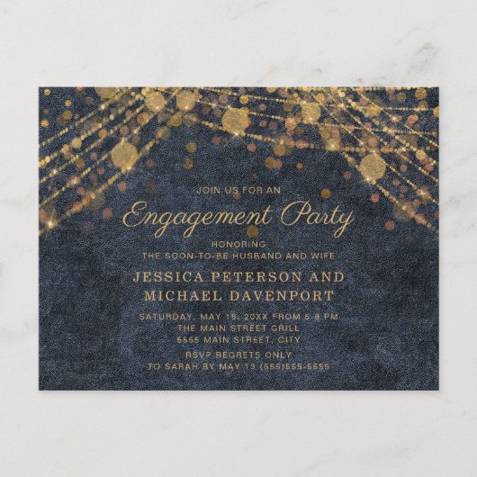 Navy Blue Gold String Lights Engagement Party Postkarte (Vorderseite)
