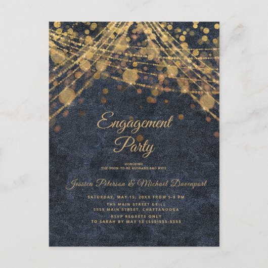 Navy Blue Gold String Lights Engagement Party Postkarte (Vorderseite)