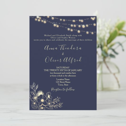 Navy Blue Gold String Lights Hochzeitseinladung Einladung (Stehend Vorderseite)