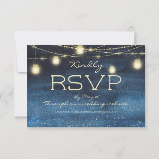 Navy Blue Gold String Lights Lanterns Wedding RSVP Einladung (Vorderseite)