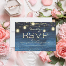 Navy Blue Gold String Lights Lanterns Wedding RSVP