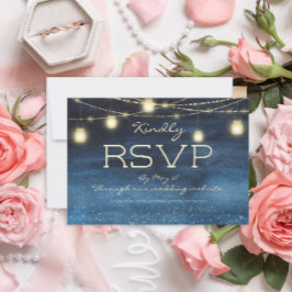 Navy Blue Gold String Lights Lanterns Wedding RSVP Einladung