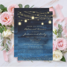 Navy Blue Gold String Lights Probe Dinner Einladung