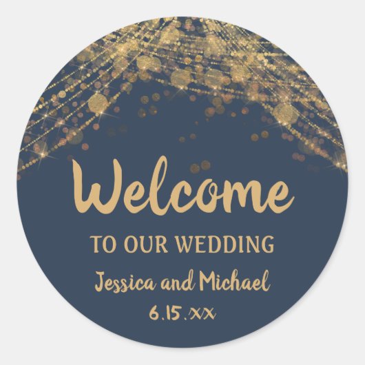 Navy Blue Gold String Lights Round Runder Aufkleber (Vorderseite)