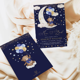 Navy Blue Gold Teddy Bear Moon & Back Baby Shower Einladung