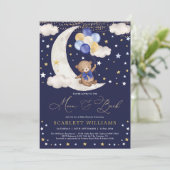 Navy Blue Gold Teddy Bear Moon & Back Baby Shower Einladung (Stehend Vorderseite)