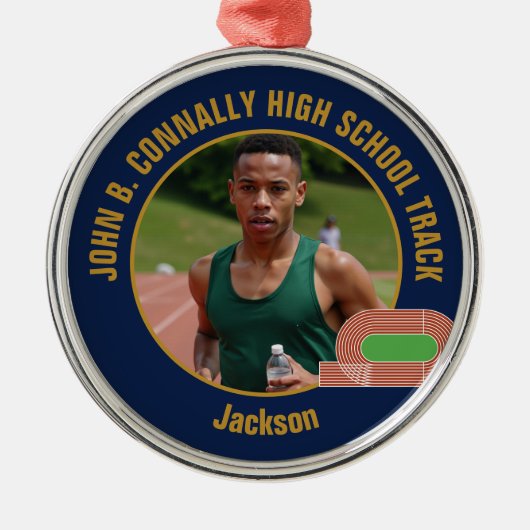 Navy Blue Gold Track & Field Photo Christmas Ornament Aus Metall (Vorne)