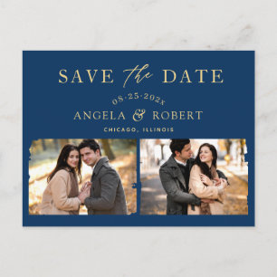 Navy Blue Gold Trendy 2 Foto Save the Date Postkarte