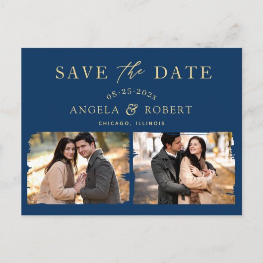 Navy Blue Gold Trendy 2 Foto Save the Date Postkarte (Vorderseite)