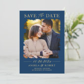 Navy Blue Gold Typografie Abstrakter Foto Save The Date (Stehend Vorderseite)