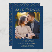 Navy Blue Gold Typografie Abstrakter Foto Save The Date (Vorne/Hinten)